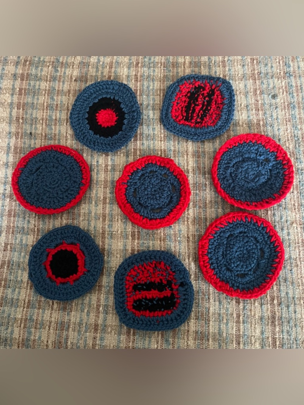 Handmade Crochet Coasters Set of 8 Round & Square 4.5” Red Black Gray